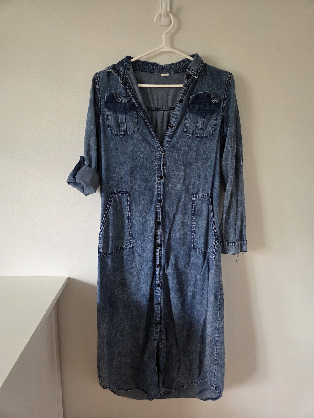 Acid Wash Denim Long Sleeve Button Down Shirt Dress Large L